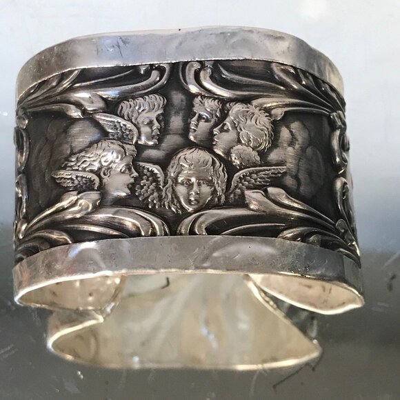 Cherub Spoon Ring Sterling Silver 925 Cuff Bracelet Reynolds Angel Embossed - Picture 1 of 7